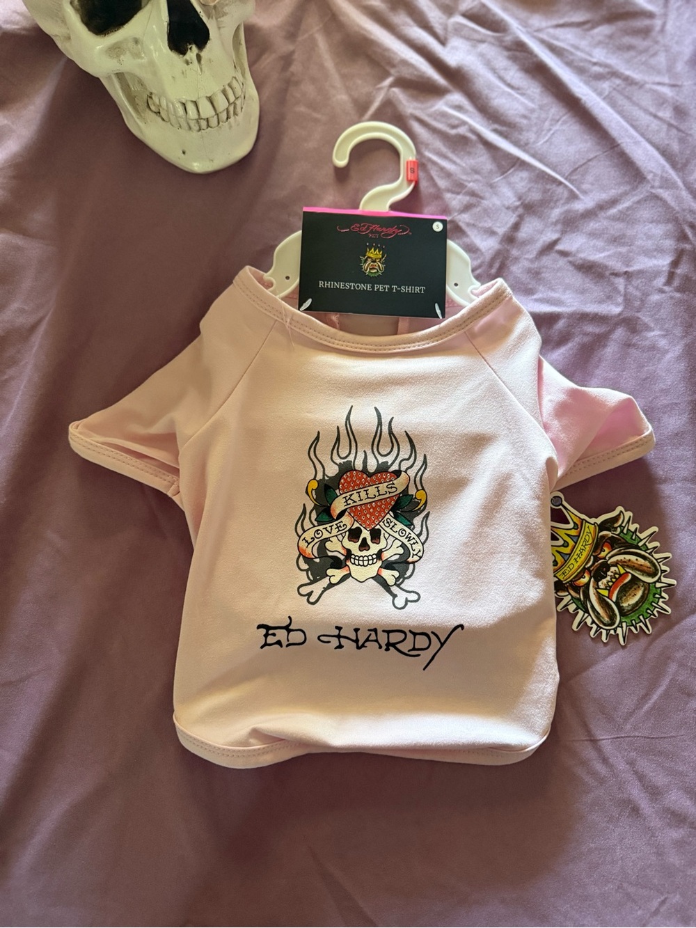 Ed Hardy Rhrinestone Pet T-shirt Pink S Love Kills Slowly ☠️